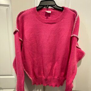 Hot Pink Long Sleeve Knit Sweater w White Stitching Trim by LE LIS - SZ M  Nw/oT